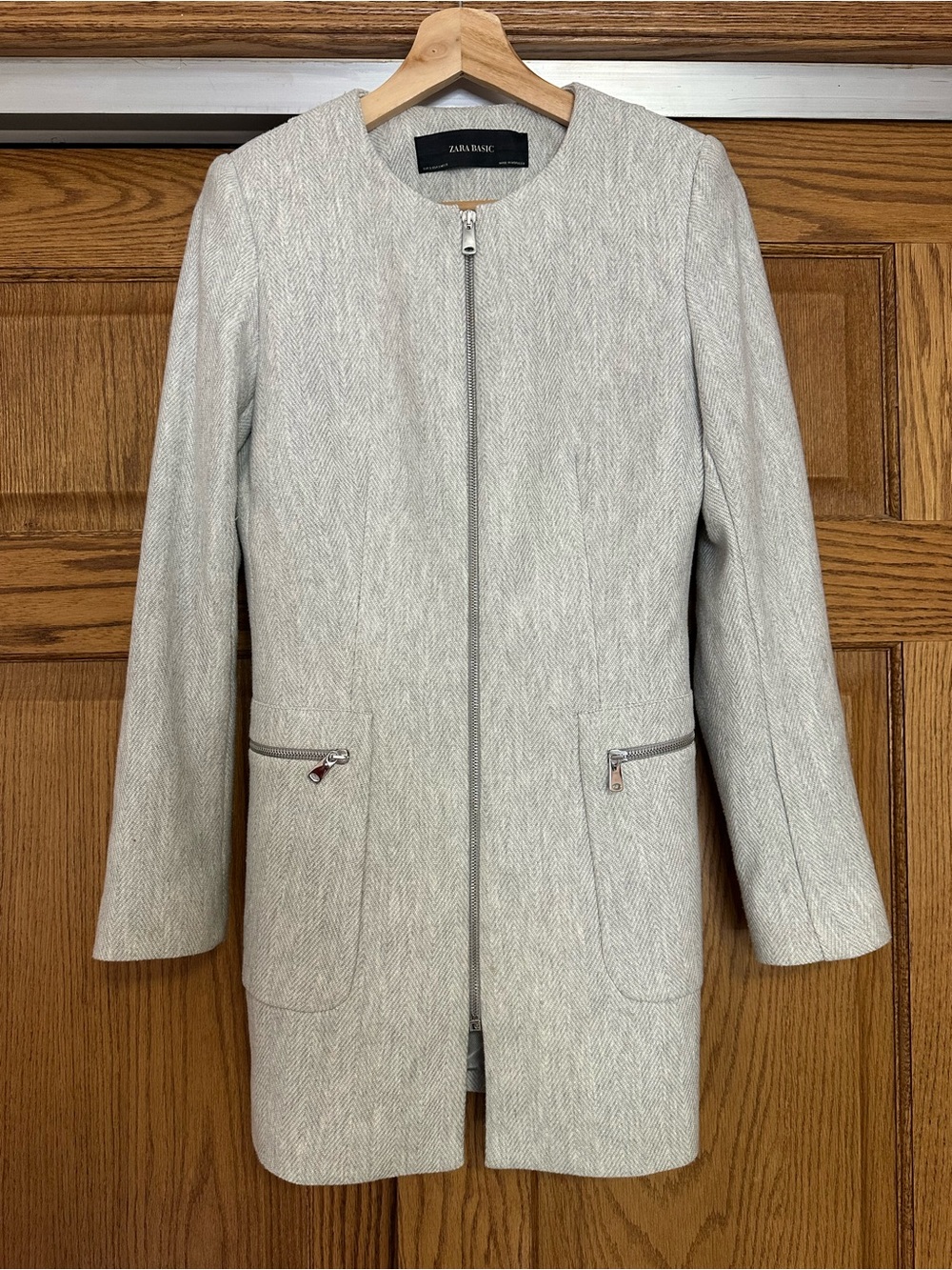 Zara Basic Jacket Womens Small Herringbone Full Zip Longline Blazer Gray Lined
